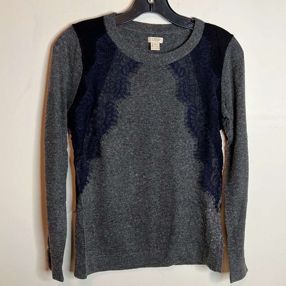 J Crew Gray Blue Colorblock Lace Wool Blend Sweater